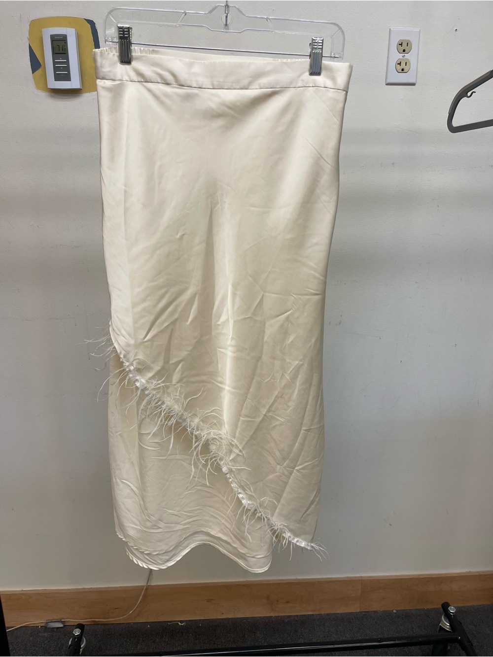 Hutch Cream Satin Midi Skirt with Feather Trim